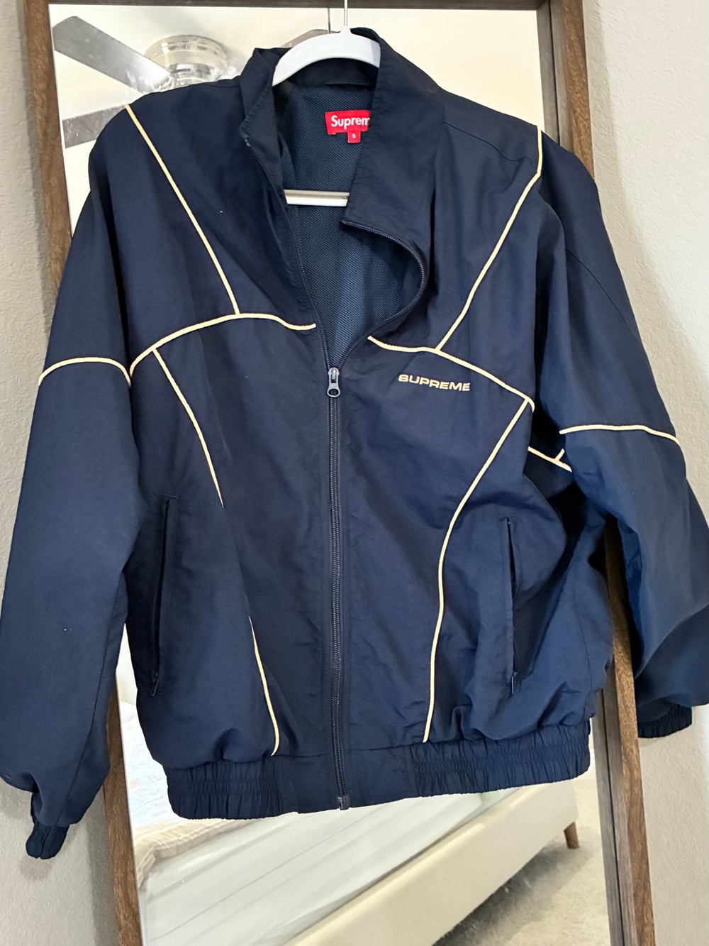Supreme Navy Windbreaker Jacket with Cream Piping